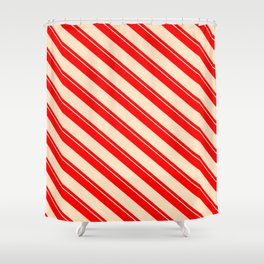 [ Thumbnail: Red & Bisque Colored Pattern of Stripes Shower Curtain ]