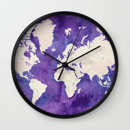 Purple watercolor and light brown world map with outilined countries Wall Clock