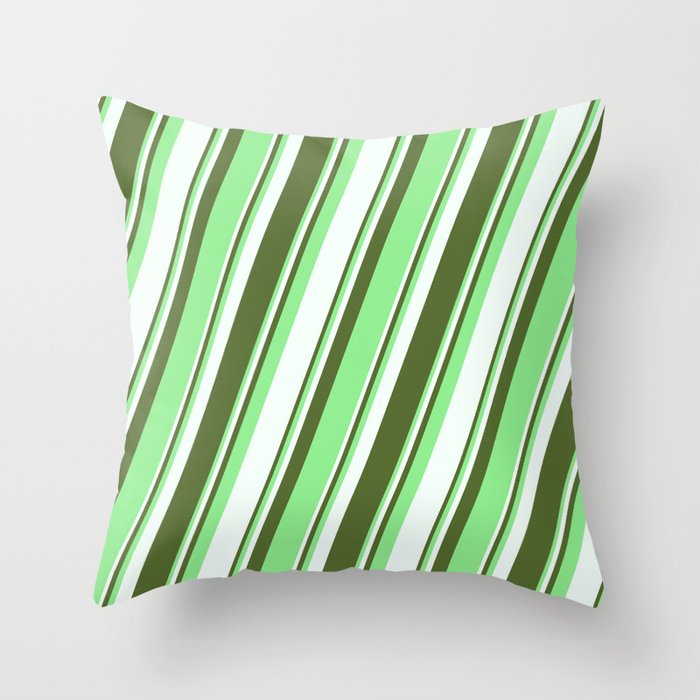 Dark Olive Green, Light Green, and Mint Cream Colored Lines Pattern Throw Pillow