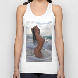 0168-SS Beautiful Naked Woman Nude Beach Sand Surf Big Breasts Long Black Hair Sexy Erotic Art Tank Top