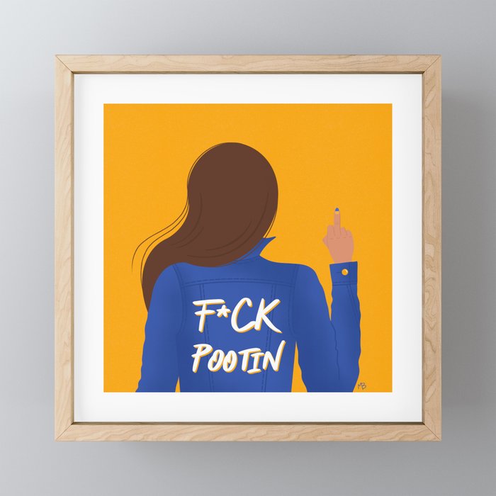 Fck Pootin Denim Jacket Girl Blue and Yellow Framed Mini Art Print