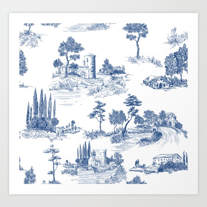 French Blue Pastoral Small-scale Toile De Jouy Fabric 