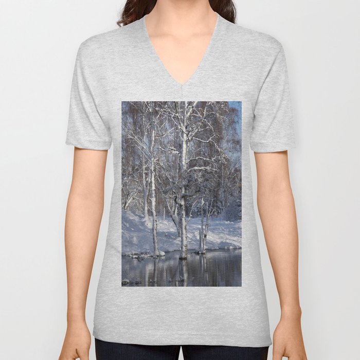 Snow Laden Birch Trees By a Scottish Highlands Lochan  V Neck T Shirt