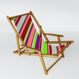 [ Thumbnail: Light Grey, Green, Purple, Salmon, and Dark Red Colored Striped Pattern Sling Chair ]