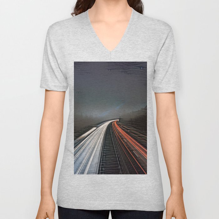 Highway in a cloudy dark  night - artistic illustration artwork V Neck T Shirt