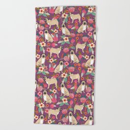 Pug dog breed floral must have cute pugs pure breed pet gifts Beach Towel
