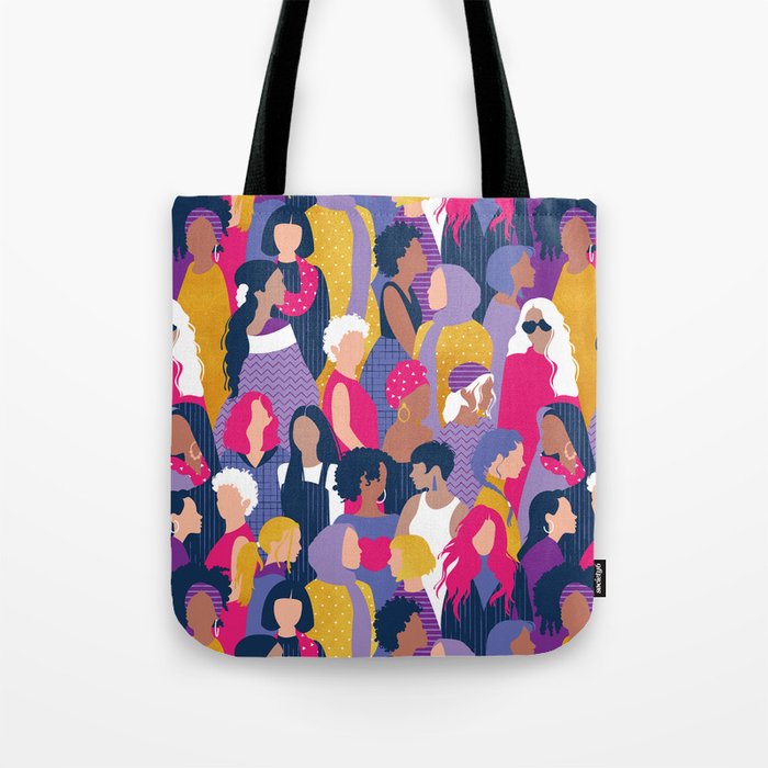 Every day we glow International Women's Day // midnight navy blue background purple, violet, very peri fuchsia pink and gold humans  Tote Bag