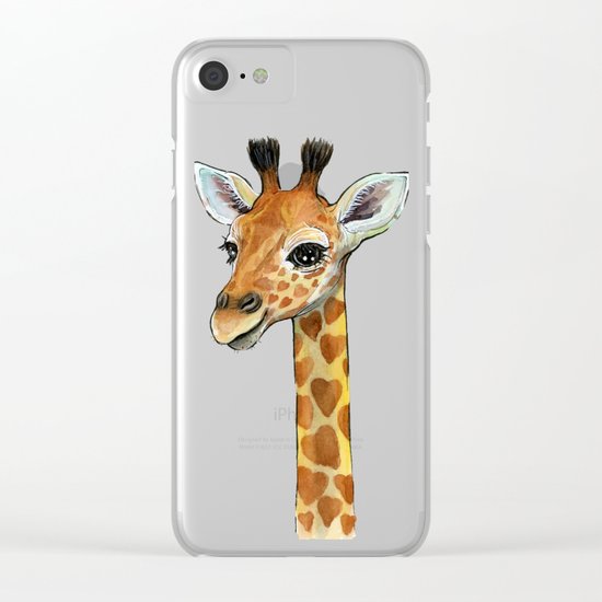 Giraffe Baby Animal with Hearts Watercolor Cute Whimsical Animals Nursery Clear iPhone Case