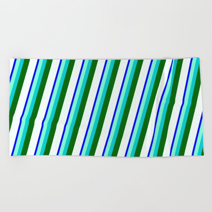 Blue, Aquamarine, Dark Turquoise, Dark Green & Mint Cream Colored Stripes/Lines Pattern Beach Towel