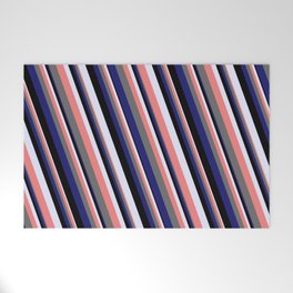 [ Thumbnail: Eye-catching Lavender, Light Coral, Dim Gray, Midnight Blue & Black Colored Striped/Lined Pattern Welcome Mat ]