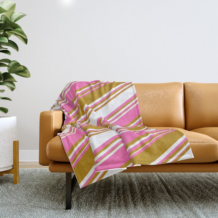 Dark Goldenrod, White, and Hot Pink Colored Stripes/Lines Pattern Throw Blanket
