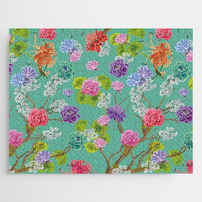 Asian Flowers with peonys and lilys on a mint green background Jigsaw Puzzle