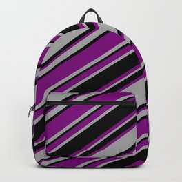 [ Thumbnail: Purple, Dark Gray & Black Colored Striped/Lined Pattern Backpack ]
