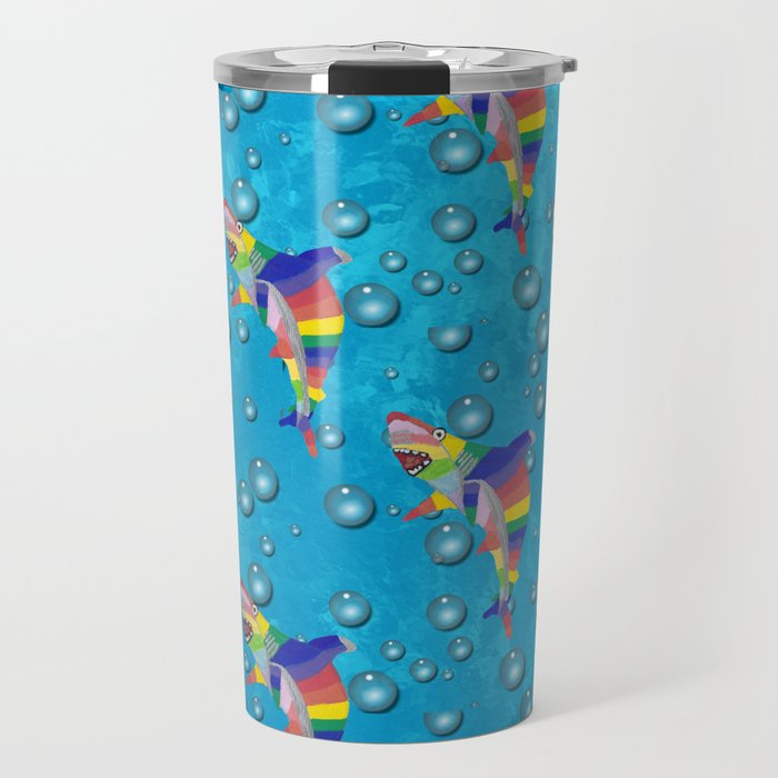 Colorful Shark with Bubbles on a Light Blue Background Travel Mug