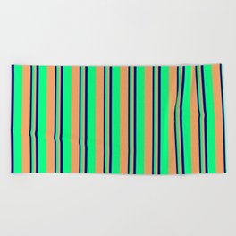 [ Thumbnail: Blue, Green & Brown Colored Lines/Stripes Pattern Beach Towel ]