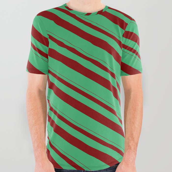 Maroon & Sea Green Colored Striped Pattern All Over Graphic Tee