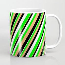 [ Thumbnail: Brown, Black, White & Lime Colored Lined/Striped Pattern Coffee Mug ]