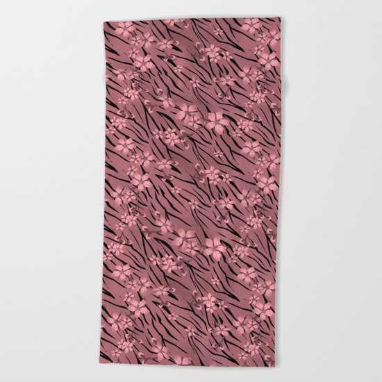 Pink floral pattern on a tiger background. Beach Towel