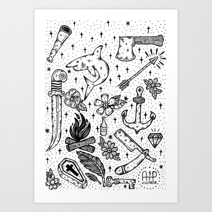 Tattoo Flash Sheet Art Print by Pass Out Co