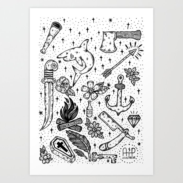 Tattoo Flash Sheet Art Print By Atpillustrations Society6