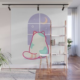 Cute Stargazing Cat Looking Out Window at the Moon & Night Sky  Wall Mural