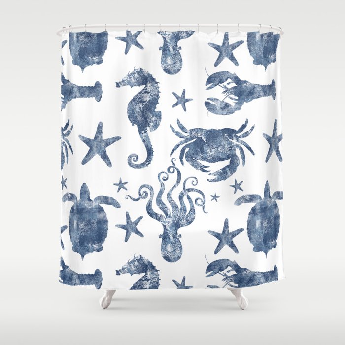 Delft Blue nautical Marine Life pattern, coastal beach Shower Curtain