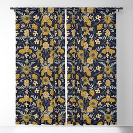 Navy Blue, Turquoise, Cream & Mustard Yellow Dark Floral Pattern Blackout Curtain