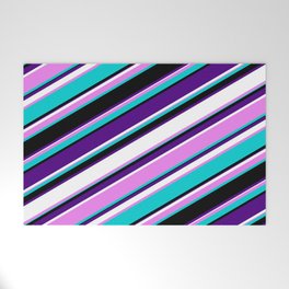 [ Thumbnail: Eyecatching Violet, Dark Turquoise, Black, Indigo & White Colored Lines/Stripes Pattern Welcome Mat ]