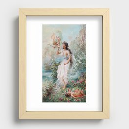 Hans Zatzka - Allegorical painting of two cherubs and a maiden in a classical landscape. Recessed Framed Print