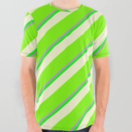[ Thumbnail: Dark Gray, Lime, Light Yellow & Green Colored Stripes/Lines Pattern All Over Graphic Tee ]