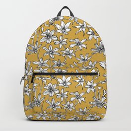 Mustard Glory of the Snow Backpack | Pattern, Lineart, Drawing, Flowers, Yellow, White, Mustard, Floral, Nature, Black 