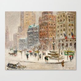 Winter at the Plaza, New York City landscape by Guy Carleton Wiggins Canvas Print