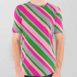 [ Thumbnail: Deep Pink, Dark Gray, Forest Green, and Light Pink Colored Lines/Stripes Pattern All Over Graphic Tee ]