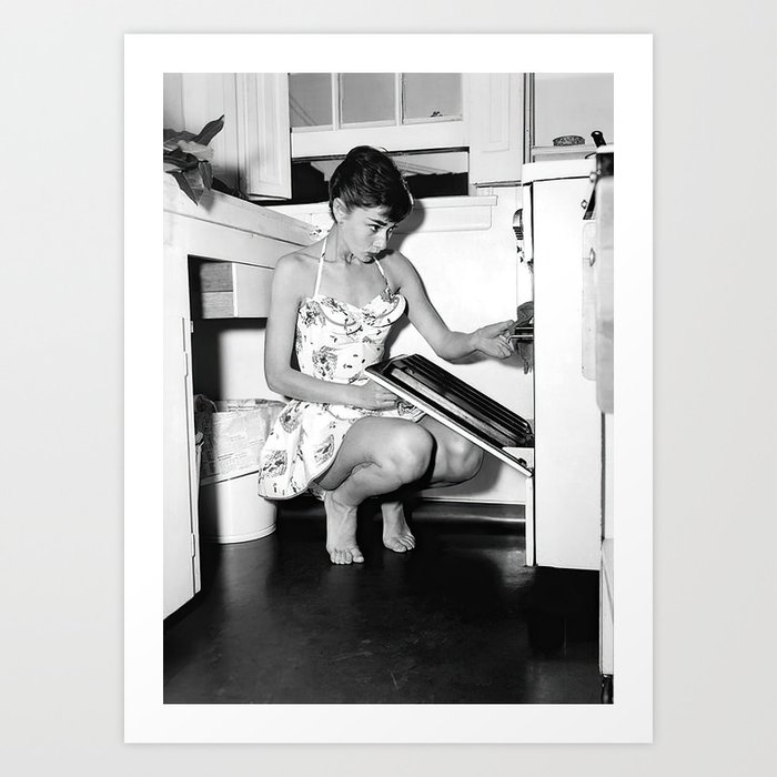 Audrey Hepburn in Kitchen, Black and White Vintage Art Art Print