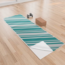 [ Thumbnail: Teal & Light Grey Colored Striped Pattern Yoga Towel ]