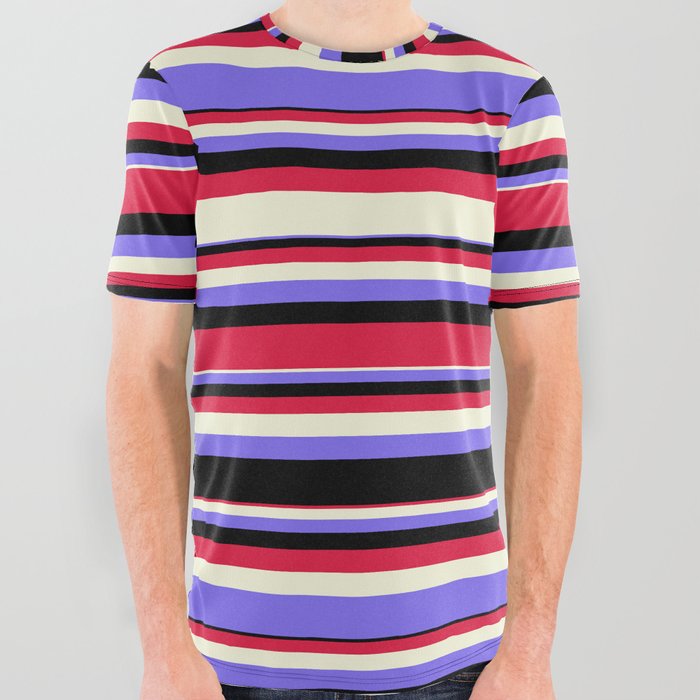 Beige, Medium Slate Blue, Black, and Crimson Colored Pattern of Stripes All Over Graphic Tee