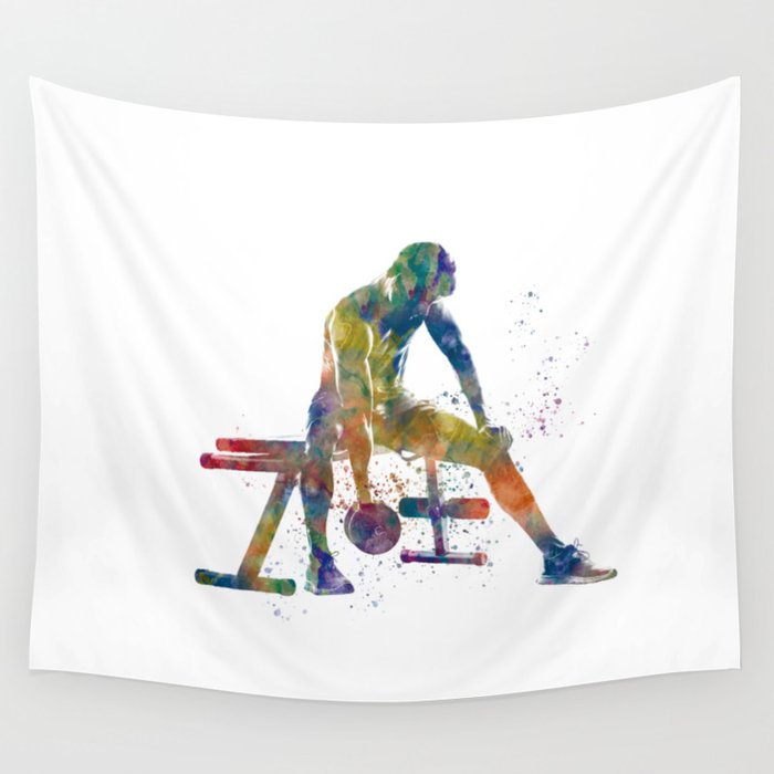 Young woman practices gymnastics in watercolor Wall Tapestry