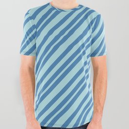 [ Thumbnail: Blue & Powder Blue Colored Striped/Lined Pattern All Over Graphic Tee ]