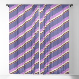 [ Thumbnail: Vibrant Midnight Blue, Orchid, Beige, Black, and Red Colored Striped/Lined Pattern Sheer Curtain ]
