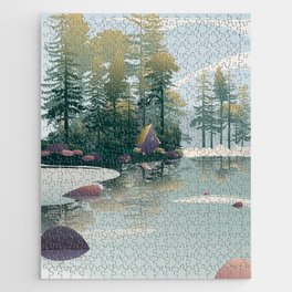 House with trees in the forest near the lake Jigsaw Puzzle