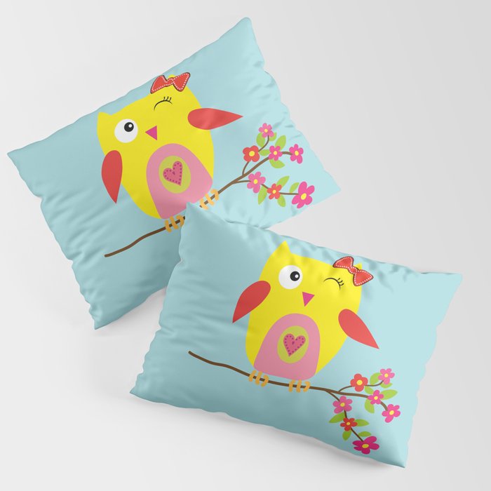 Cute Yellow Owl - Pink Flowers Illustration Pillow Sham