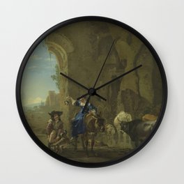 Jan Asselijn - Italianate landscape with travellers by a stream with cattle Wall Clock | Old, Mule, Watercourse, Cliff, Illustration, Oilpaint, Wallart, Artprint, Poster, Vintage 