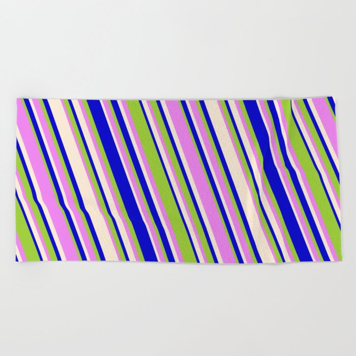 Blue, Green, Violet & Beige Colored Lines Pattern Beach Towel