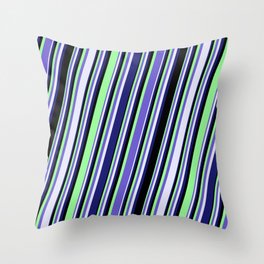 [ Thumbnail: Slate Blue, Lavender, Midnight Blue, Black & Green Colored Lines/Stripes Pattern Throw Pillow ]