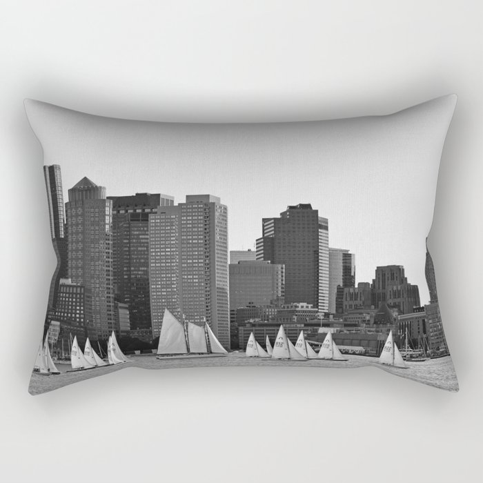 Boats Sailing by the Boston Skyline from PIers Park East Boston Massachusetts Black and White Rectangular Pillow