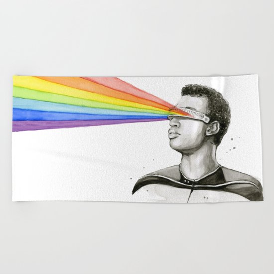 Geordi Rainbow Watercolor Portrait Geek Sci-fi Beach Towel