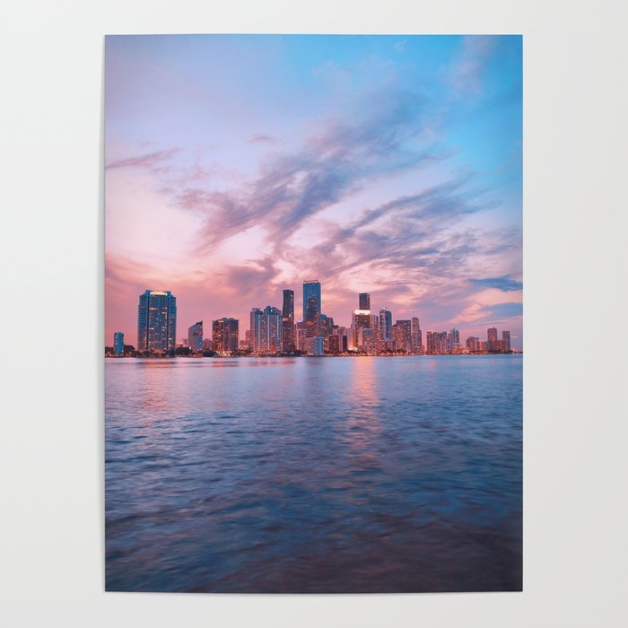 Miami Ocean Views, Pink Sunset Skyline, Waterfront Poster