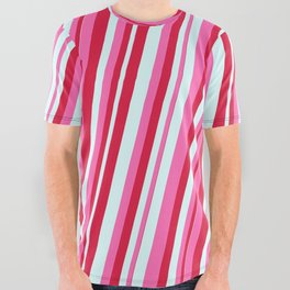 [ Thumbnail: Hot Pink, Crimson, and Light Cyan Colored Lines Pattern All Over Graphic Tee ]