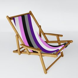[ Thumbnail: Vibrant Violet, Black, Grey, Indigo & White Colored Lines/Stripes Pattern Sling Chair ]