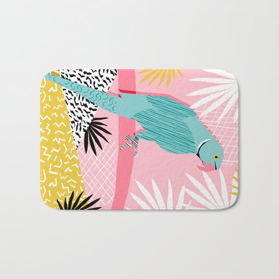 Doin' It - blue india ringneck parrot bird art wacka design animal nature retro throwback neon 1980s Bath Mat